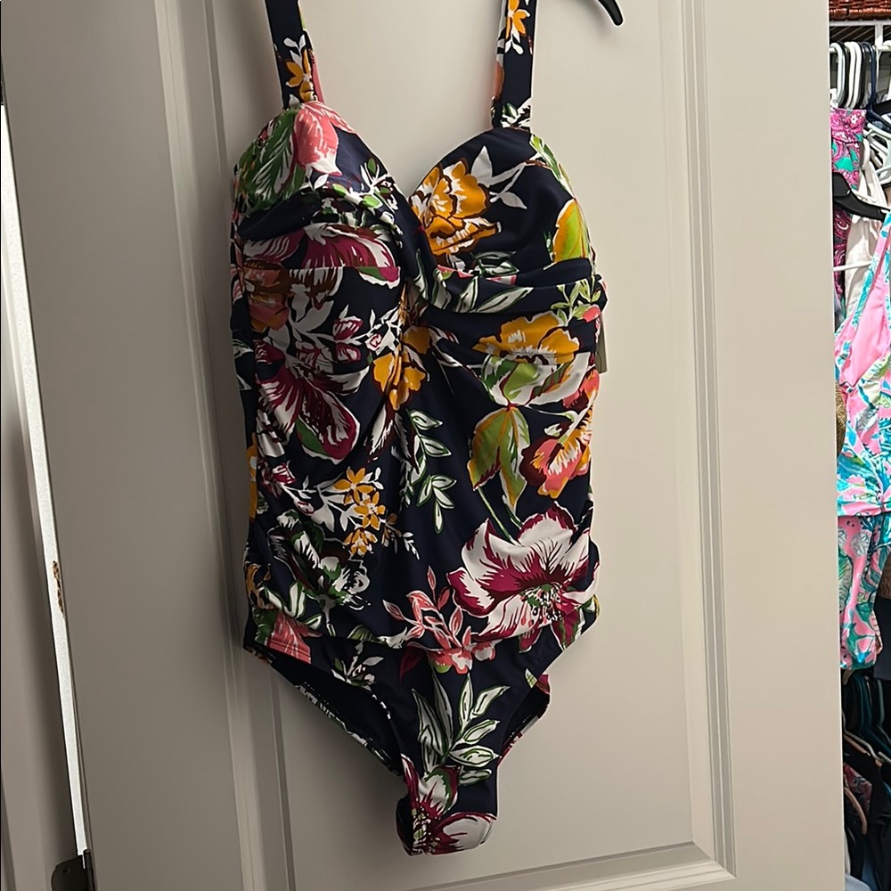 Anne Cole Blue and Pink One Piece Swimsuit with Ruched Detail